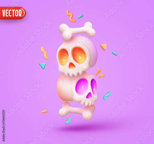 Skull and Bones. The day of Dead. Traditional Feast of Dia De Los Muertos. Colorful poster and banner for Halloween. Realistic 3d design in plastic style. Festive background. vector illustration