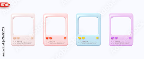 Social Media Clean Empty Post Template. Set colorful Frame border of social networks. Realistic 3d design. Decorative element, for advertising banner and poster. Vector illustration