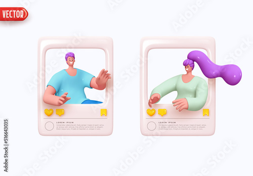 Social media post blogger girl and man. Girls social networks. Captured happy moment of life. Realistic 3d design. Social profile frame young popular people. Selfie creative idea. Vector illustration