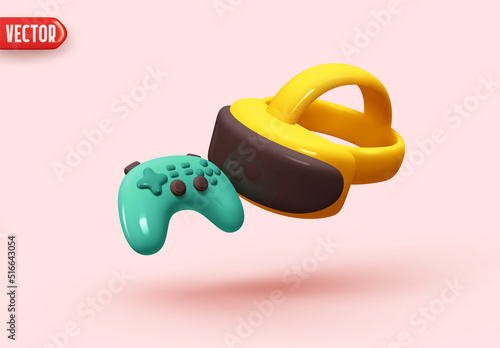 Virtual reality glasses and gaming controller. Futuristic realistic 3d creative concept design. Modern technological devices. game element. Minimal trendy In plastic cartoon style. vector illustration