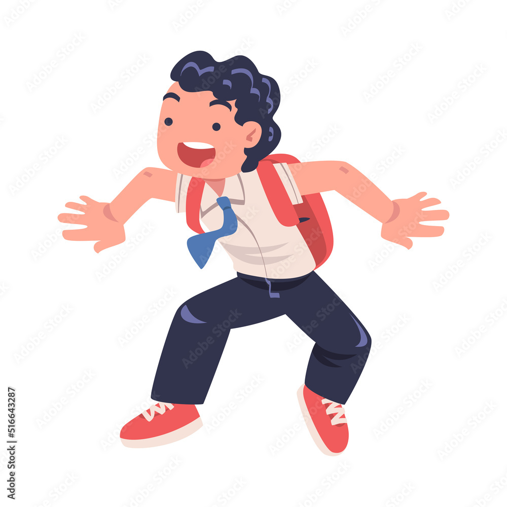Happy Boy Pupil in Uniform with Tie and Backpack Jumping with Joy Excited About Back to School Vector Illustration