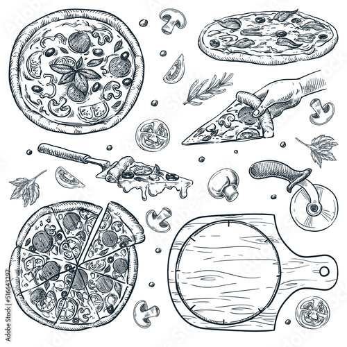 Italian pizza set. Fast food snacks vector sketch illustration. Pizzeria menu hand drawn vintage design elements