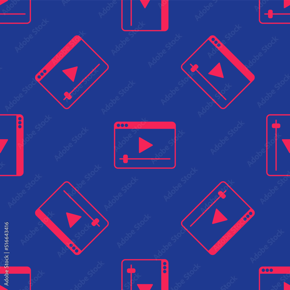 Red Online play video icon isolated seamless pattern on blue background. Film strip with play sign. Vector Red Online play video icon isolated seamless pattern on blue background. Film strip with play sign. Vector