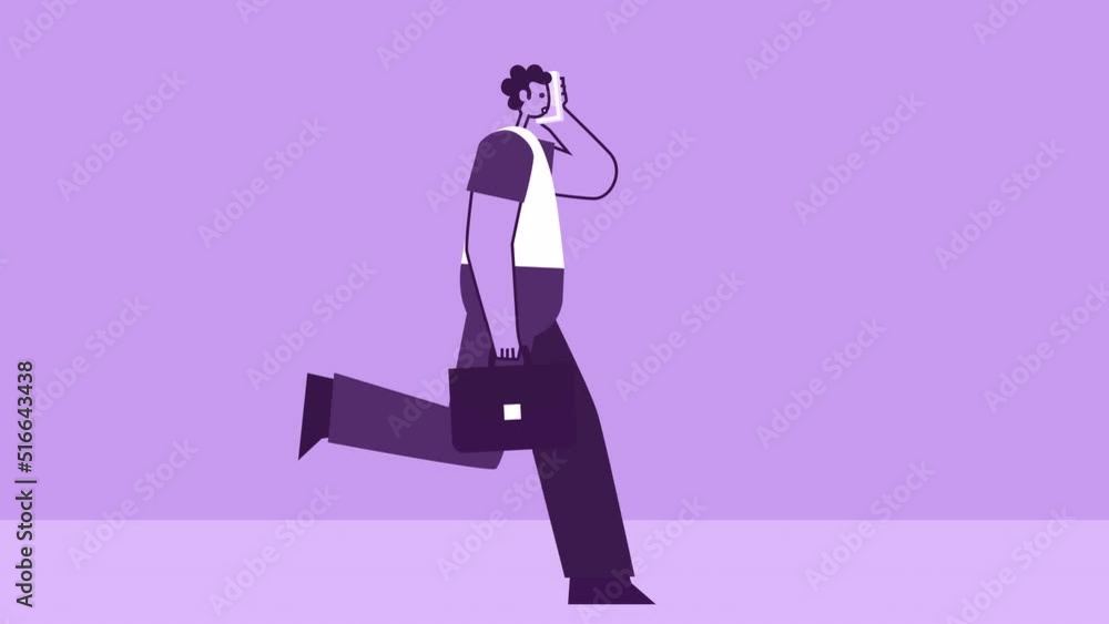 Purple Style Man with Briefcase Flat Character Running Cycle with Mobile Phone Call. Isolated Loop Animation with Alpha Channel Purple Style Man with Briefcase Flat Character Running Cycle with Mobile Phone Call. Isolated Loop Animation with Alpha Channel