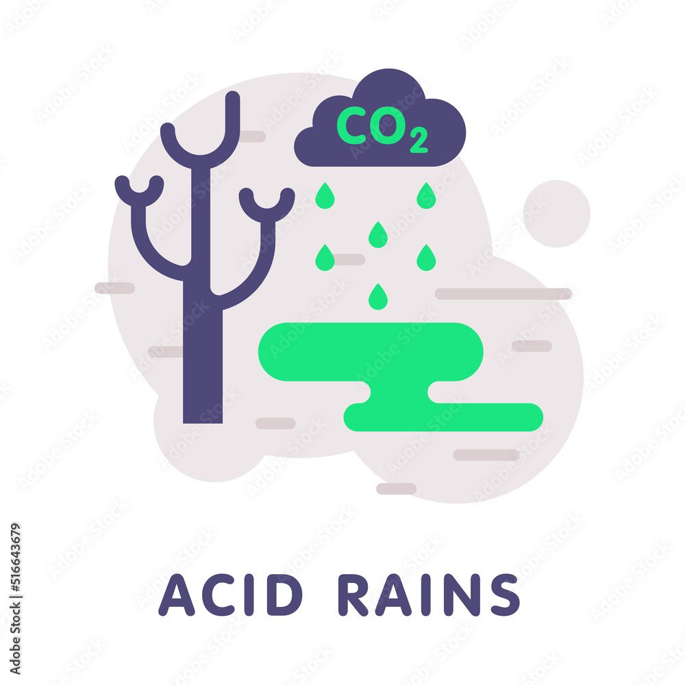 Acid Rains with Bare Tree, Cloud and CO2 with Drops of Toxic Emission Vector Illustration Acid Rains with Bare Tree, Cloud and CO2 with Drops of Toxic Emission Vector Illustration