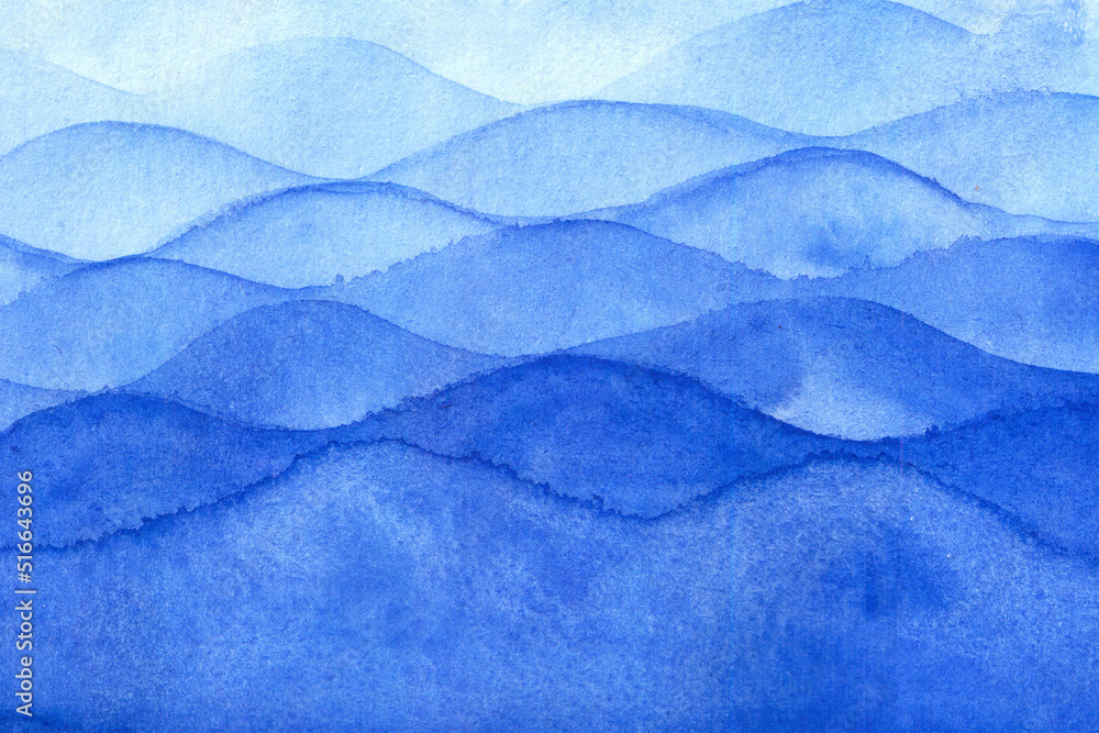 Fototapeta premium Watercolor hand drawn painted background with sea waves in blue colors as backdrop with copy space