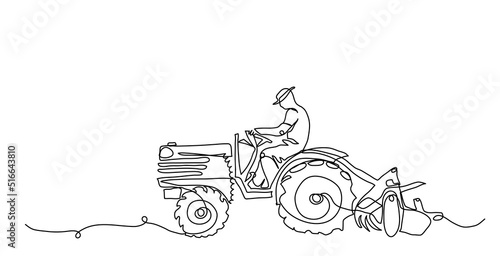 Tractor driver farmer  man. Vector background  banner  poster agriculture machinery concept. One continuous line art drawing illustration tractor driver