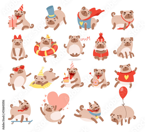 Funny Pug Dog with Cute Snout Engaged in Different Activity Vector Big Set