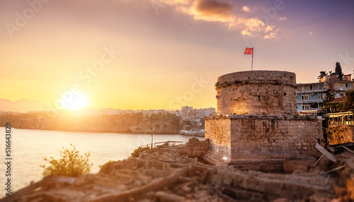 Hidirlik tower at sunset time. Popular Antalya historic and travel attractions photo