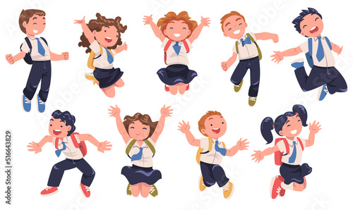 Happy Pupils in Uniform with Tie and Backpack Jumping with Joy Excited About Back to School Vector Set