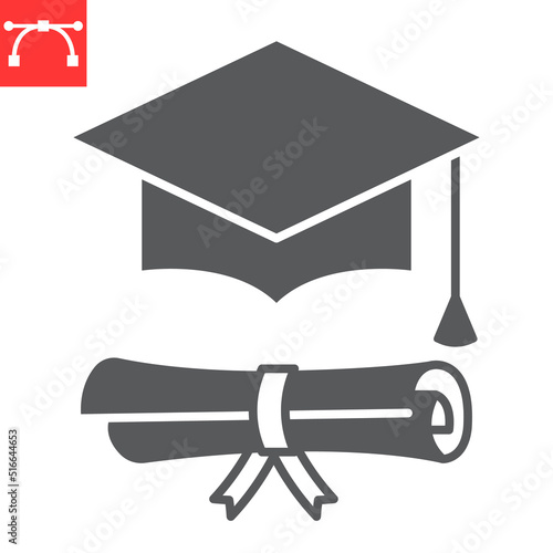 Graduation cap and diploma glyph icon, school and education, graduation hat vector icon, vector graphics, editable stroke solid sign, eps 10.