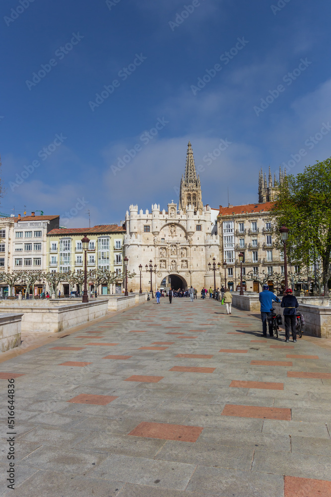 Santa Maria bridge and historic city gate in Burgos, Spain