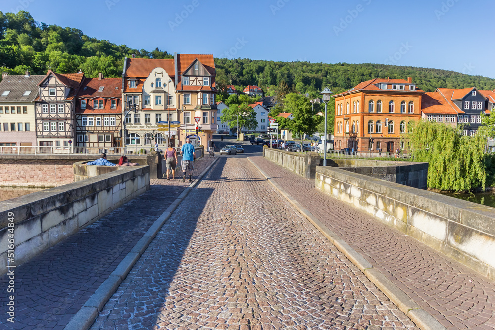 Cobblestones on the Werra bridge in Hann. Munden, Germany