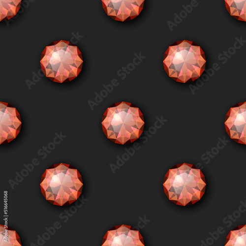 Vector Seamless Pattern with 3d Realistic Red Gemstone, Crystal, Rhinestones on Black. Jewerly Concept. Design Template. Gems, Crystals, Rhinestones or Gemstones, Top View