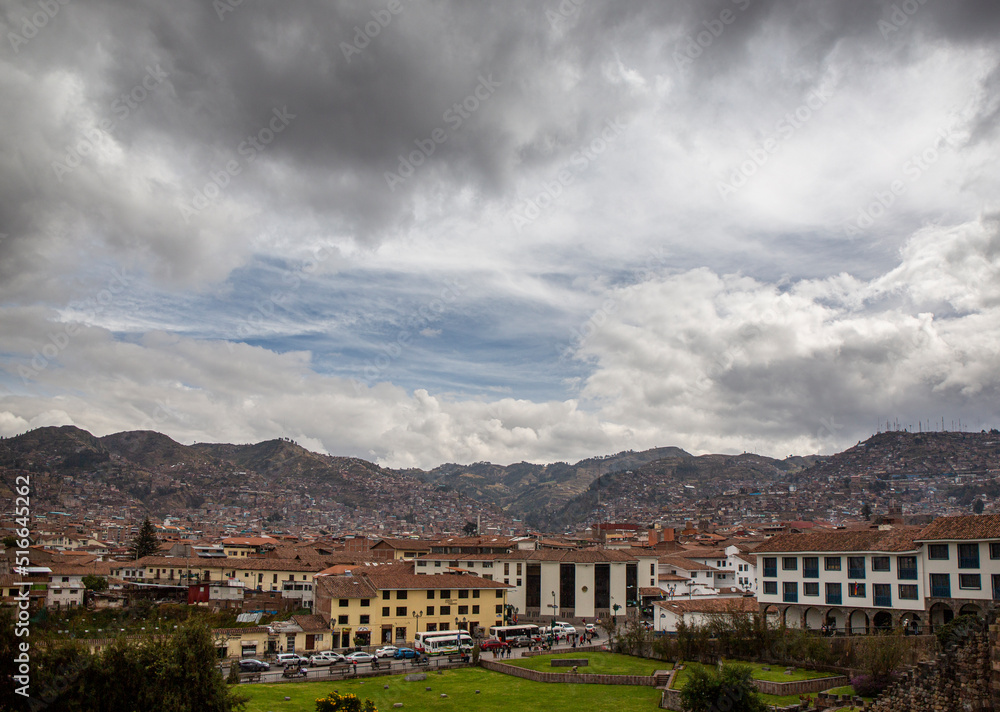 view of the city from the Church of Santo Domingo set on the Inca ruins of Coricancha in Cusco, Peru