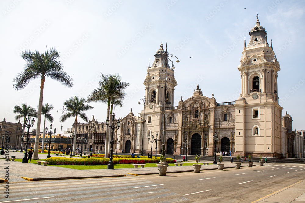 Lima Cathedral in Plaza Mayor, Peru in cloudy day