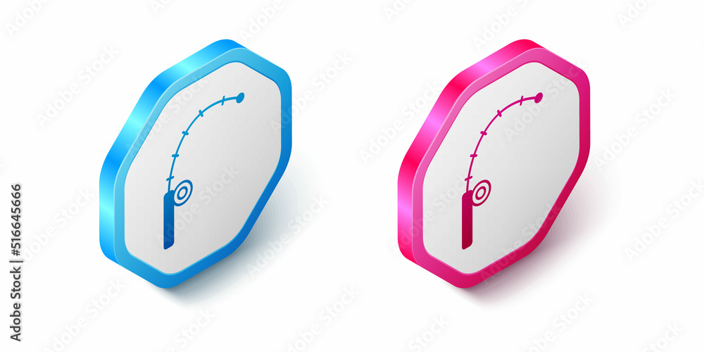 Isometric Fishing rod icon isolated on white background. Catch a big fish. Fishing equipment and fish farming topics. Hexagon button. Vector Isometric Fishing rod icon isolated on white background. Catch a big fish. Fishing equipment and fish farming topics. Hexagon button. Vector