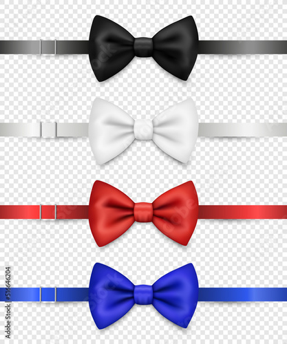 Vector 3d Realistic Black, White, Red, Blue Bow Tie with Ribbon, Clasp Set Isolated. Silk Glossy Bowtie, Tie Gentleman. Mockup, Design Template. Bow Tie for Man. Mens Fashion, Fathers Day Holiday