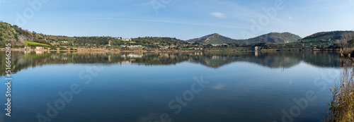 Wide panoramic view of Lago d'Averno located in Campi Flegrei area, Pozzuoli, Campania, Italy
