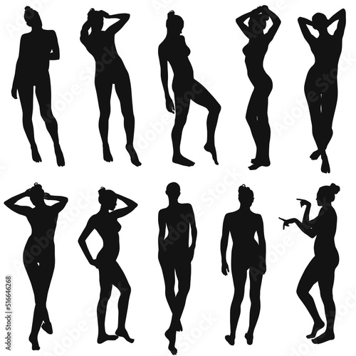 Vector silhouettes of beautiful girls isolated on white background. Icons of woman in standing poses. Sexy ladys.