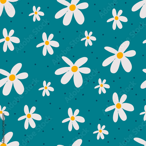 Cute seamless pattern with flowers and round spots. Funny floral print. floral background with small white scattered flowers and dots. Simple girly print. for design and fashion prints