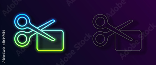 Glowing neon line Scissors cuts discount coupon icon isolated on black background. The concept of selling in an online supermarket at low prices or half the cost. Vector