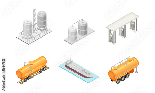 Oil or Petroleum Refinery Industrial Process with Crude Oil Production Isometric Vector Set