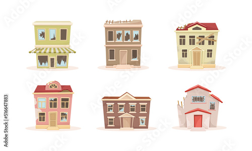 Old Abandoned House and Decaying Suburban Cottage with Broken Windows Vector Set