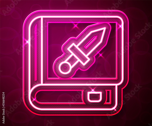 Glowing neon line Book about weapon icon isolated on red background. Small firearm. Weapon catalog. Vector