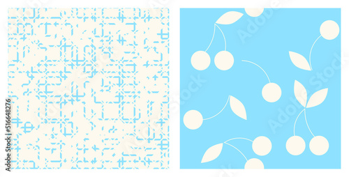 The delicate blue girly seamless print set with cute milky cherries and canvas or burlap texture.