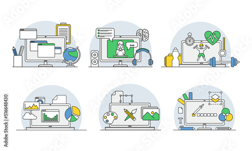 Online Profession with Learning Platform and Computer Interface Display Line Vector Set