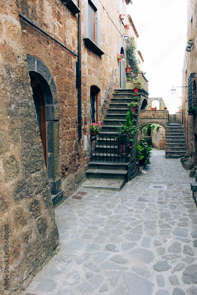 Exterior shot of spectacular ancient buildings of stones with cobblestone courtyard in the foreground and with stone stairway to entrance door decorated with plants in flower pots.
