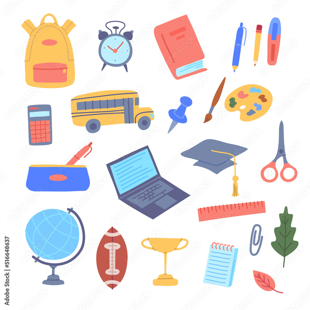 Cartoon Color Back to School Children Object Set Flat Design Style Include of Notebook, Pencil and Backpack,. Vector illustration Cartoon Color Back to School Children Object Set Flat Design Style Include of Notebook, Pencil and Backpack,. Vector illustration