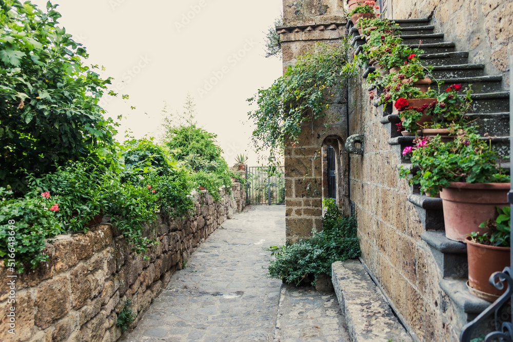 Exterior shot of spectacular ancient buildings of stones with cobblestone courtyard in the foreground and with stone stairway to entrance door decorated with plants in flower pots and climbing plants