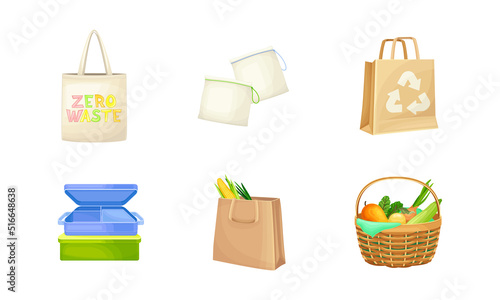 Zero Waste with Paper Shopping Bag and Tote as Everyday Reused Object Vector Set