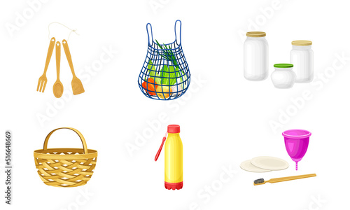 Zero Waste with Mesh Shopping Bag and Wooden Utensils as Everyday Reused Object Vector Set