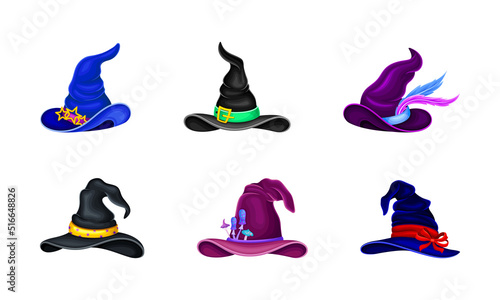 Witch Pointed Hat with Strap and Wide Brim as Sorceress Wear Vector Set