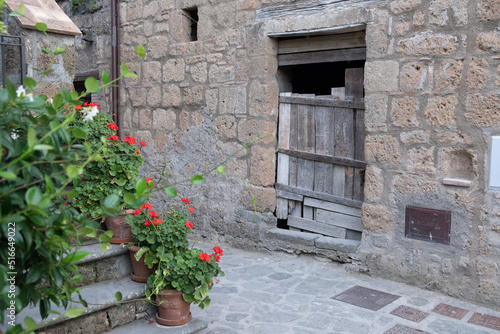 Plentiful, isolated red flower pots in the courtyard in front of an ancient building wall. Old wooden door in an abandoned building.