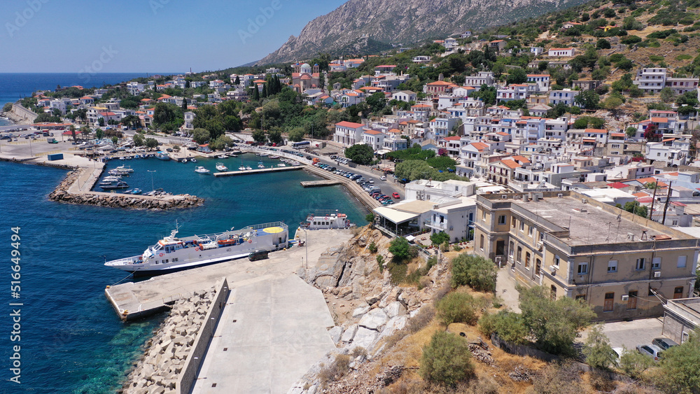 Aerial drone photo of Agios Kirykos, famous picturesque port and capital of Ikaria island, Northeast aegean, Greece