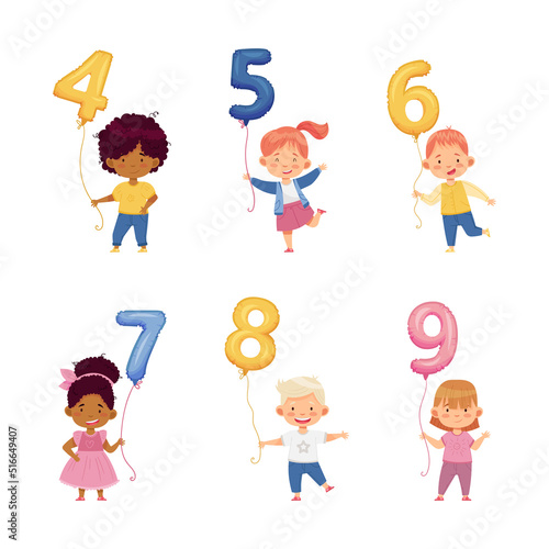 Cute Boy and Girl Holding Number Shaped Balloon by the String Vector Set