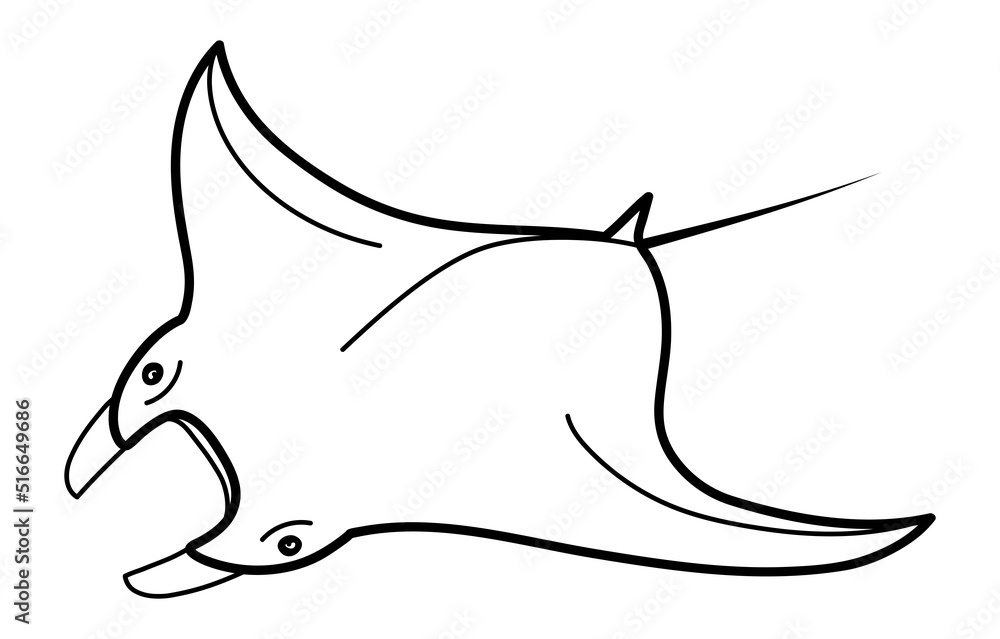 Stingray sea devil. Monochrome logo of a marine animal. The Manta ray is hand-drawn in a doodle style. Contour linear isolated icon. The page of the coloring book. Stingray sea devil. Monochrome logo of a marine animal. The Manta ray is hand-drawn in a doodle style. Contour linear isolated icon. The page of the coloring book.