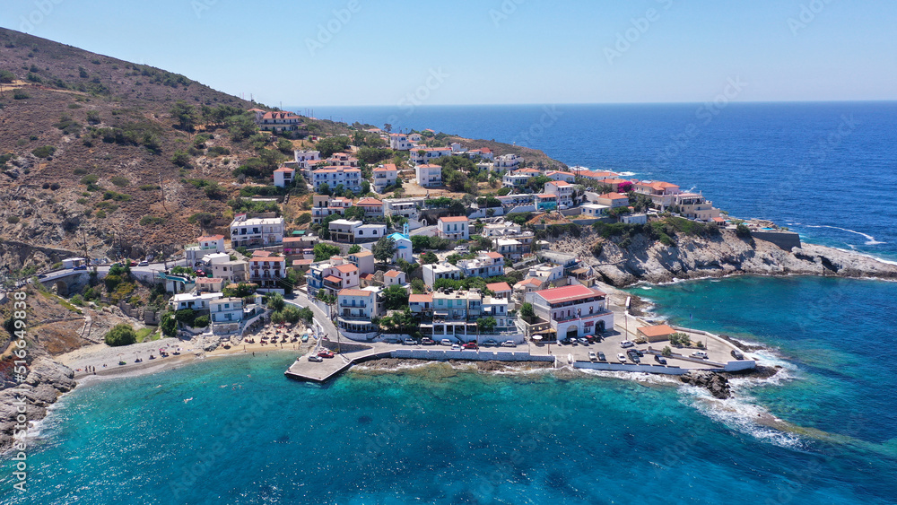 Aerial drone photo of famous small picturesque vilalge of Armenistis in island of Ikaria, Northeast aegean, Greece