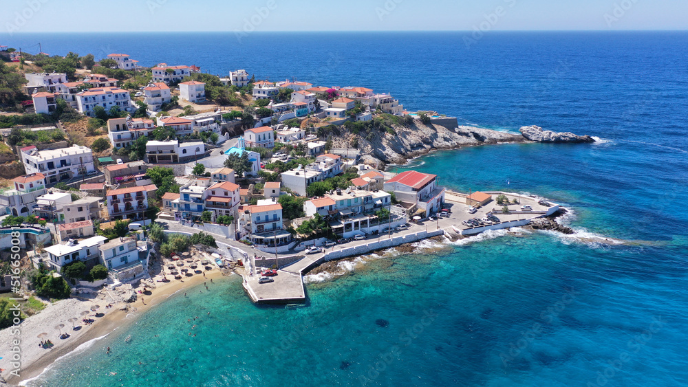 Aerial drone photo of famous small picturesque vilalge of Armenistis in island of Ikaria, Northeast aegean, Greece