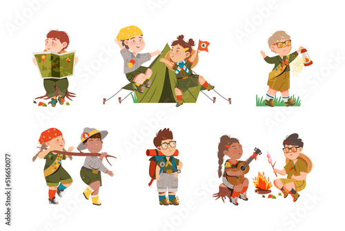 Cute Boy and Girl as Junior Scout Camping at Nature Vector Set