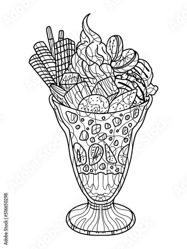Freehand sketch for adult antistress coloring page with doodle and zentangle elements. Dessert, ice cream with cream and cookies.