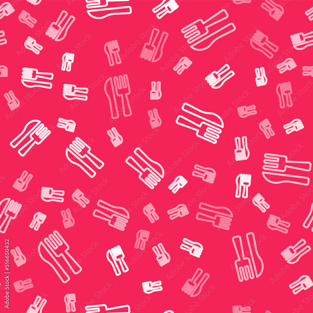 White line Crossed knife and fork icon isolated seamless pattern on red background. Cutlery symbol. Vector White line Crossed knife and fork icon isolated seamless pattern on red background. Cutlery symbol. Vector