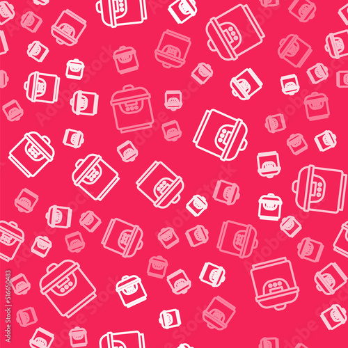 White line Slow cooker icon isolated seamless pattern on red background. Electric pan. Vector