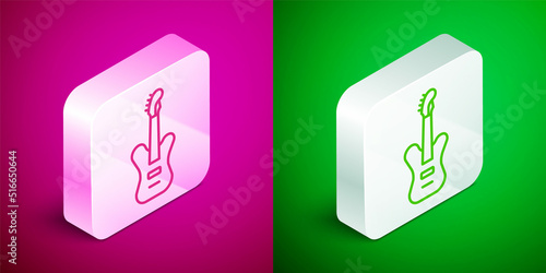 Isometric line Electric bass guitar icon isolated on pink and green background. Silver square button. Vector
