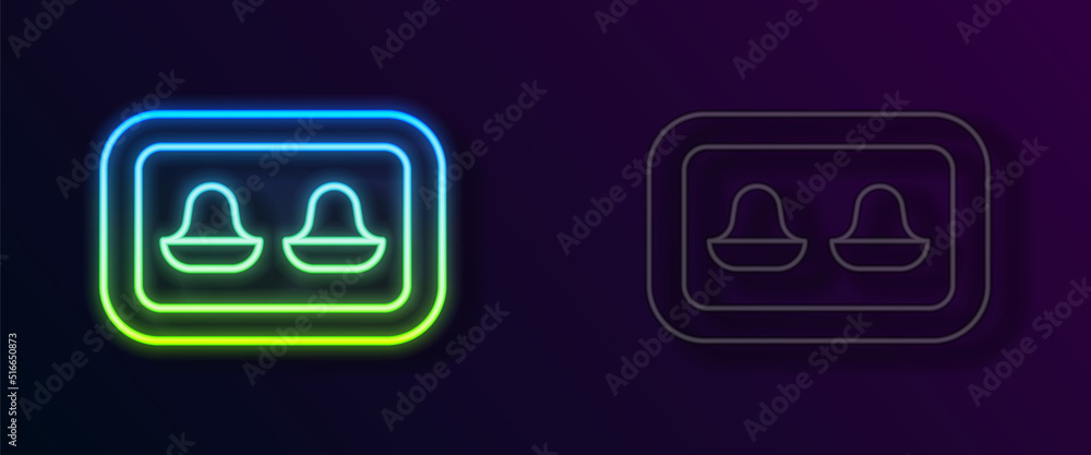 Glowing neon line Earplugs with storage box icon isolated on black background. Ear plug sign. Noise symbol. Sleeping quality concept. Vector Glowing neon line Earplugs with storage box icon isolated on black background. Ear plug sign. Noise symbol. Sleeping quality concept. Vector