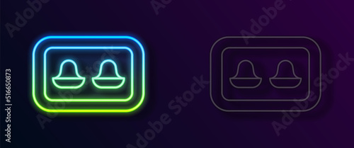 Glowing neon line Earplugs with storage box icon isolated on black background. Ear plug sign. Noise symbol. Sleeping quality concept. Vector